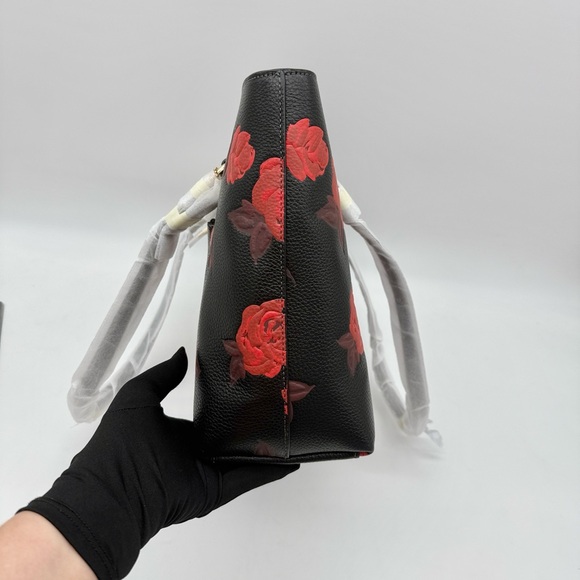 Coach Station Tote Bag With Floral Print Black Red - Picture 4 of 15